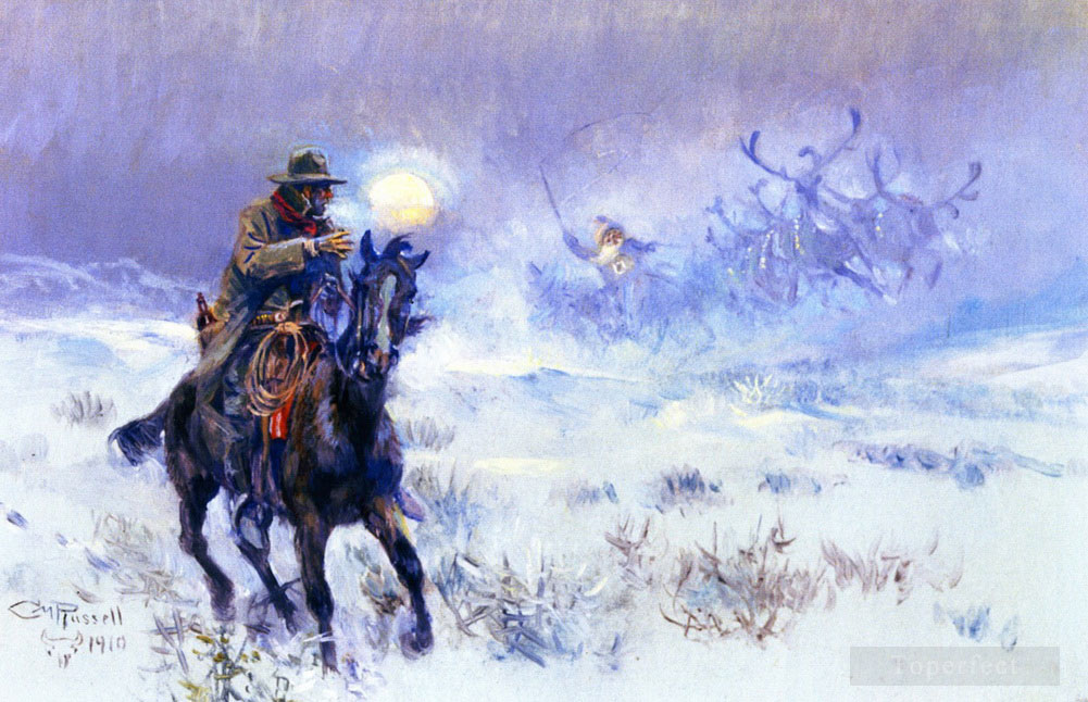 Cowboy der Weihnachtsmannsitzen sieht Schlittenren 1910 Charles Marion Russell Ölgemälde